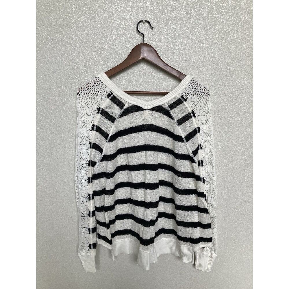 Free People black white stripe knit pullover sweater small crochet boho hippie - Picture 5 of 5
